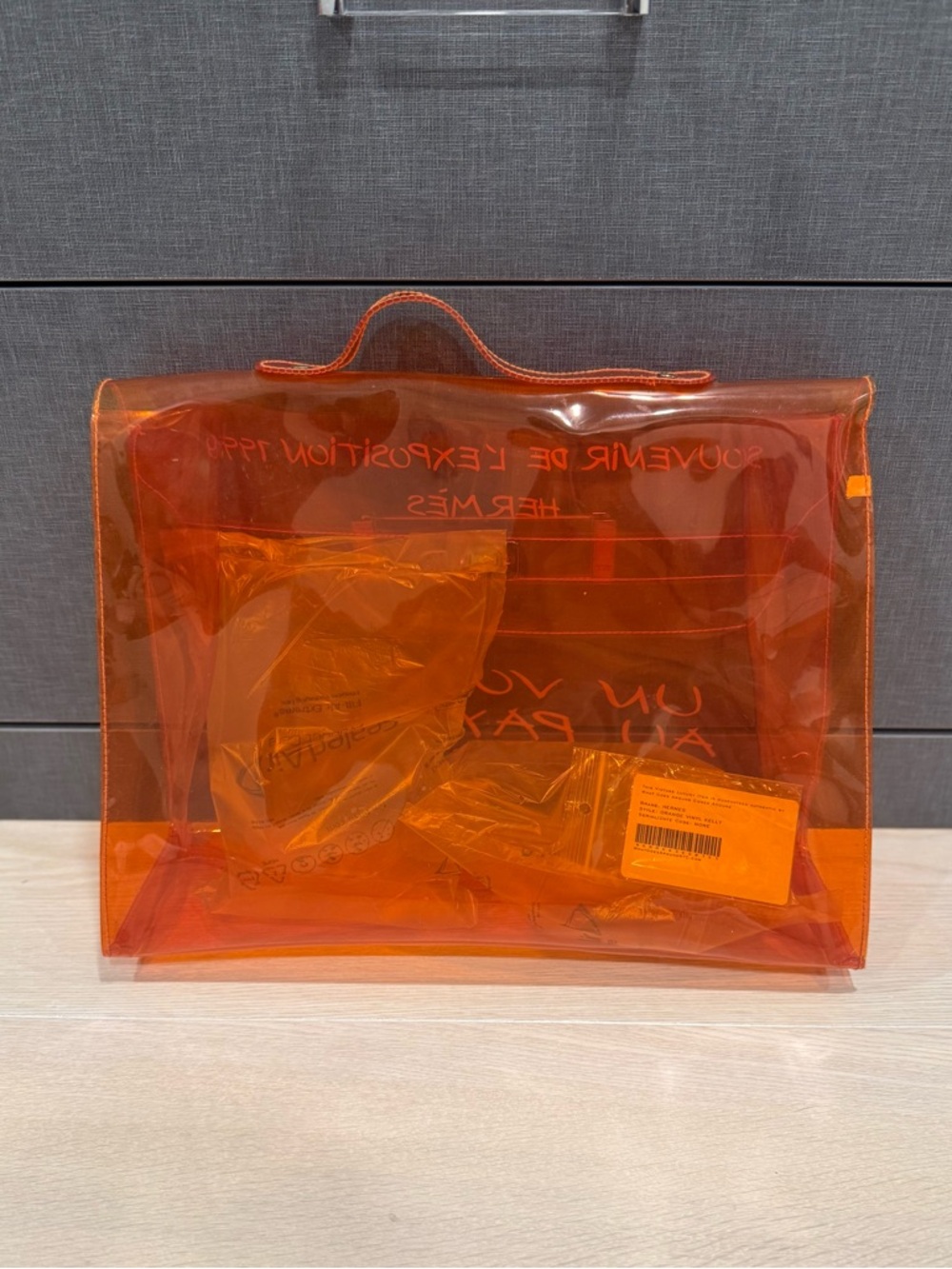 Hermes Orange Transparent Souvenir Vinyl Kelly-Style Top Handle Bag - Picture 2 of 5
